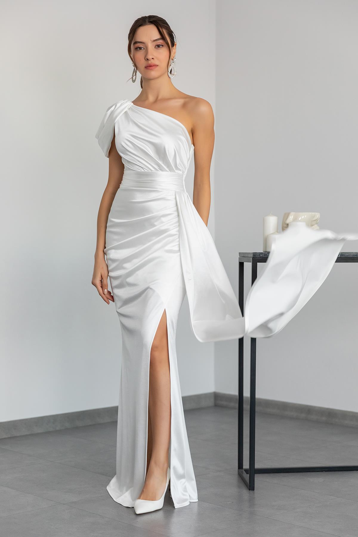 ALLURE One Shoulder Maxi Crepe Column Plus Size Blue White Evening Dress  All14467-1sak