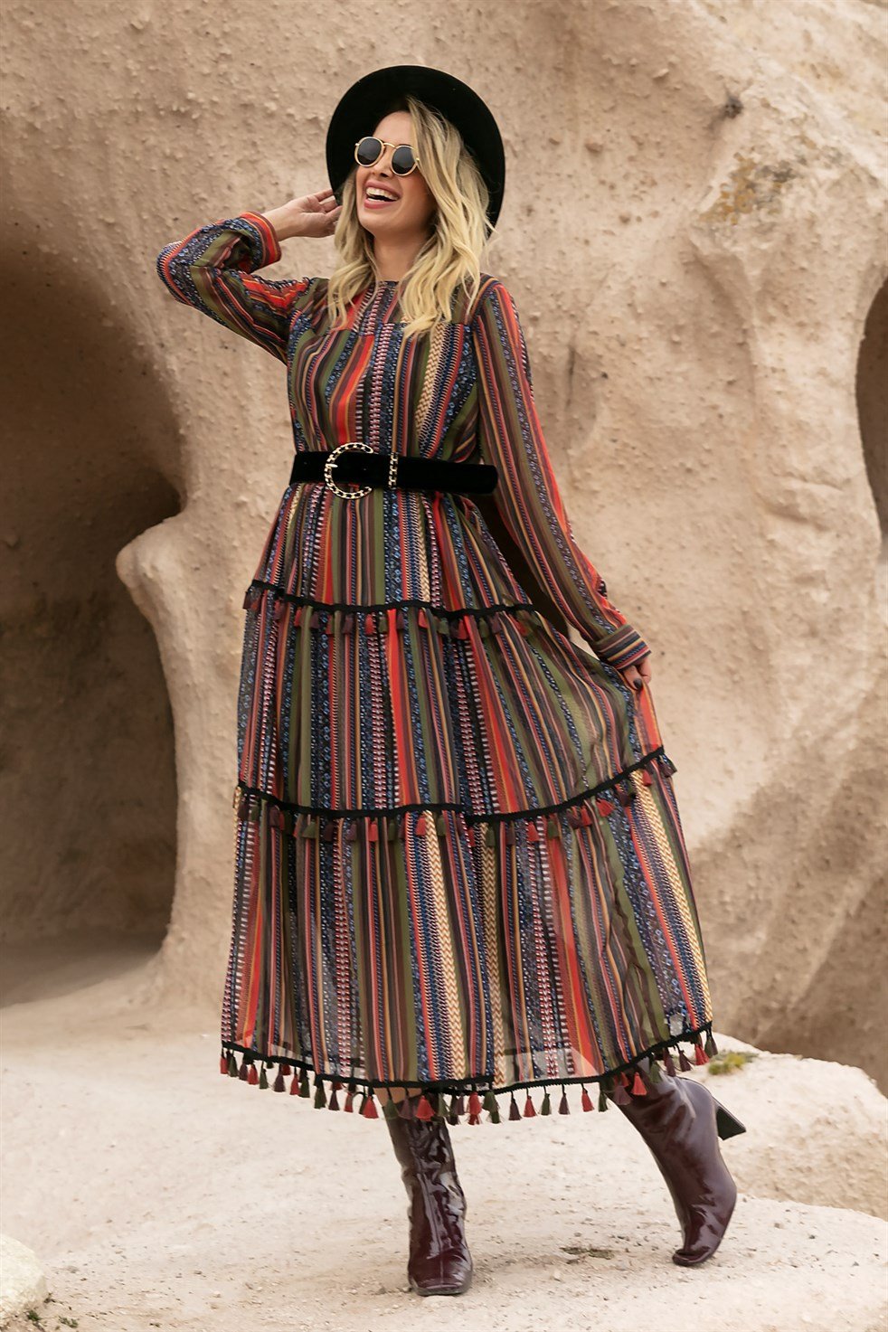 Renkli Püskül Şerit Kollu Elbise HAKİ