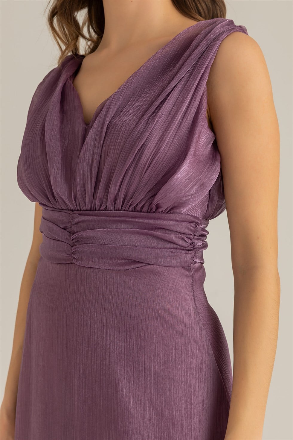 strapless open back dress Isabeau Purple Satin Plunge-Neck Midi Dress  Club L London