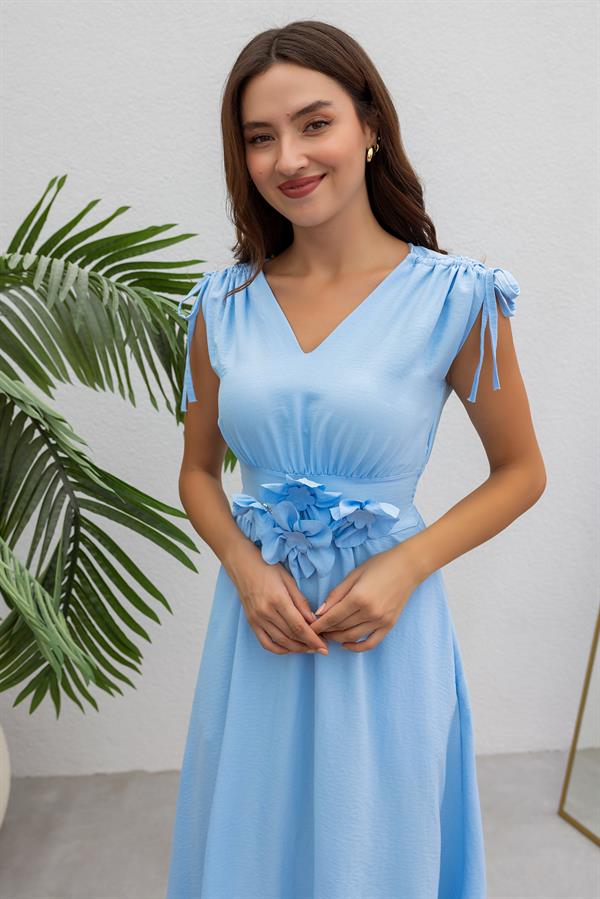 Çiçek Broşlu Kloş Elbise - BEBE MAVİSİ