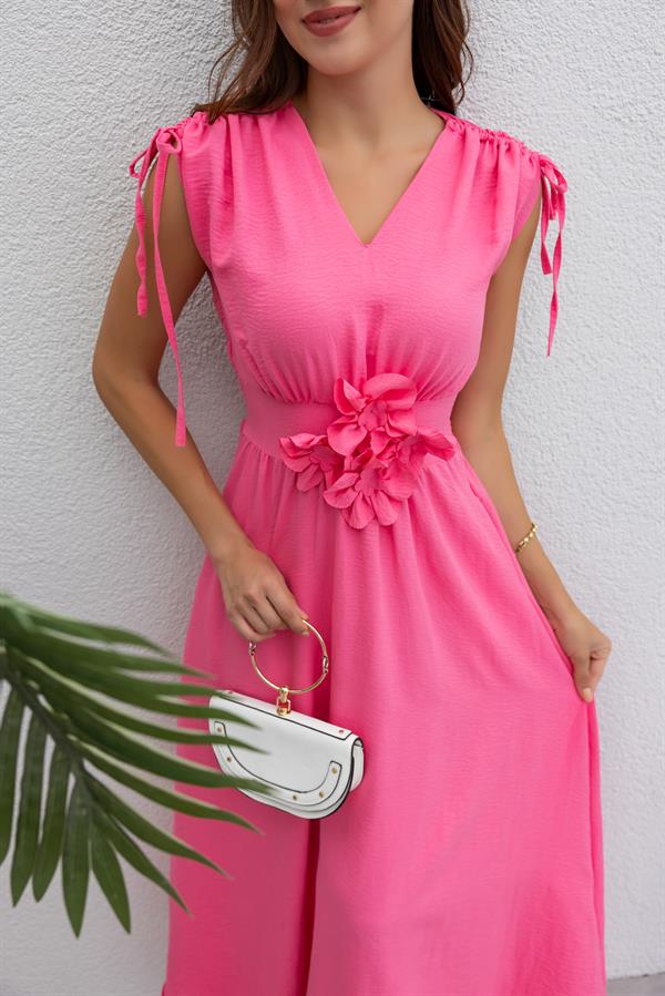 Çiçek Broşlu Kloş Elbise - PEMBE