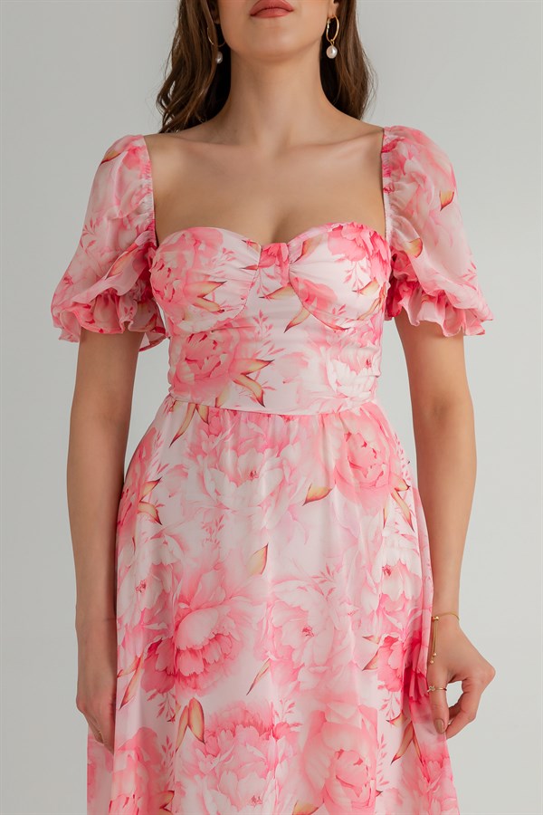 Çiçek Desen Katlı Şifon Elbise - PEMBE