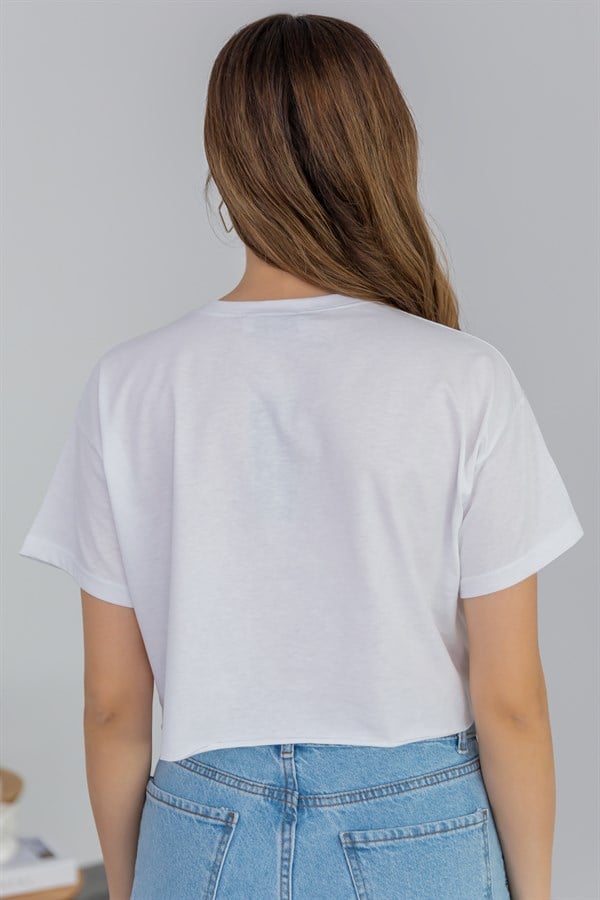 Crop Yazılı T-Shirt - BEYAZ