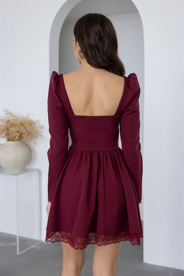 Dantel Detaylı Mini Elbise - BORDO