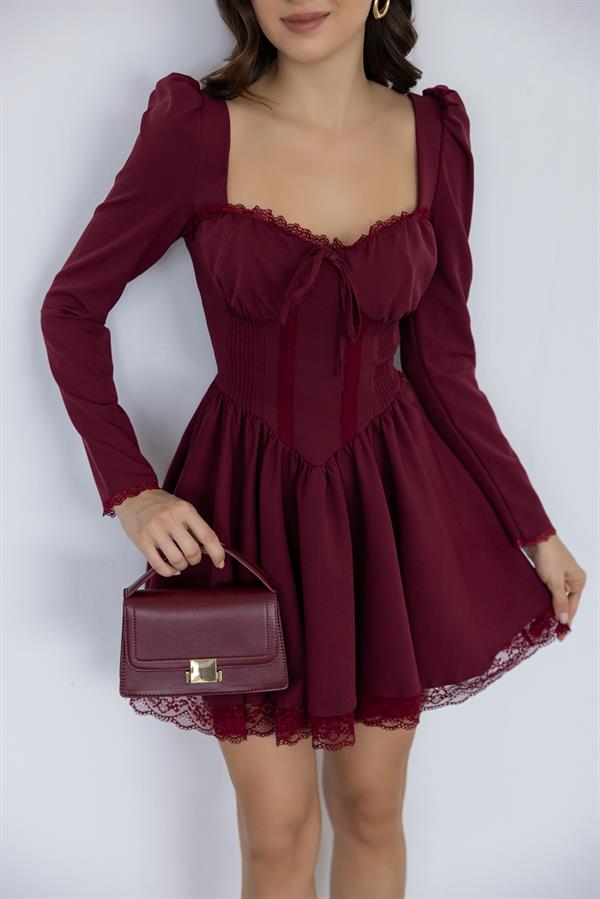 Dantel Detaylı Mini Elbise - BORDO