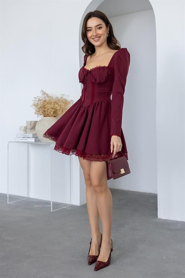 Dantel Detaylı Mini Elbise - BORDO