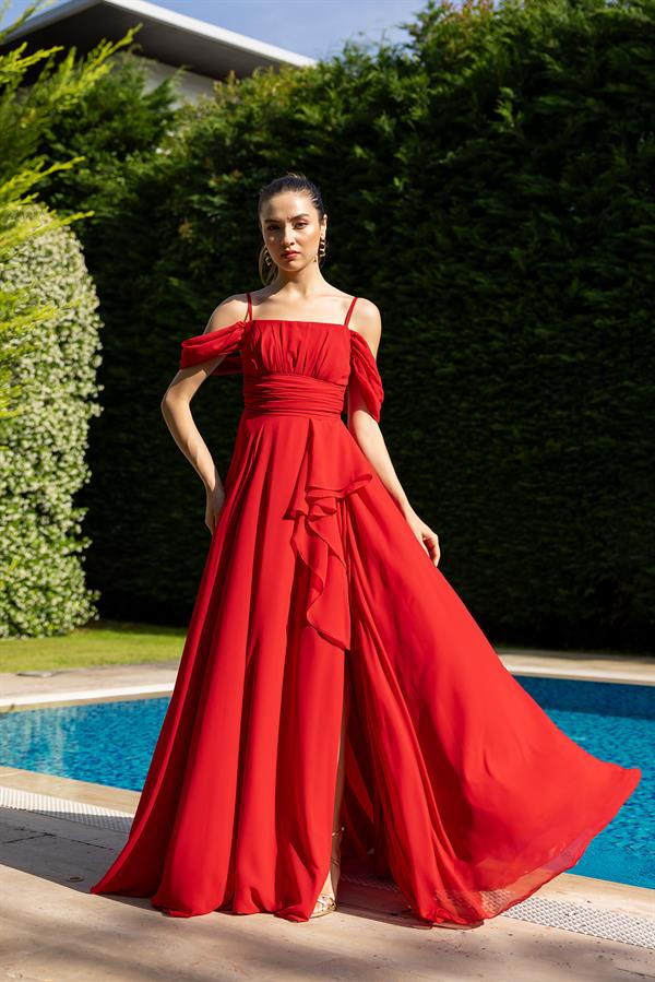 Off-Shoulder Chiffon Gown - Green