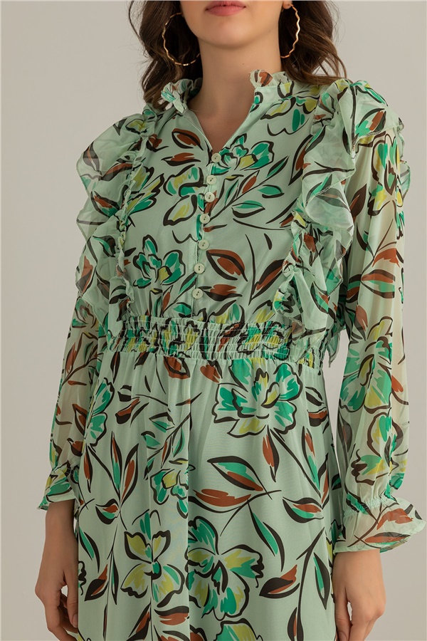 Floral Desen Şifon Elbise - Açık Yeşil
