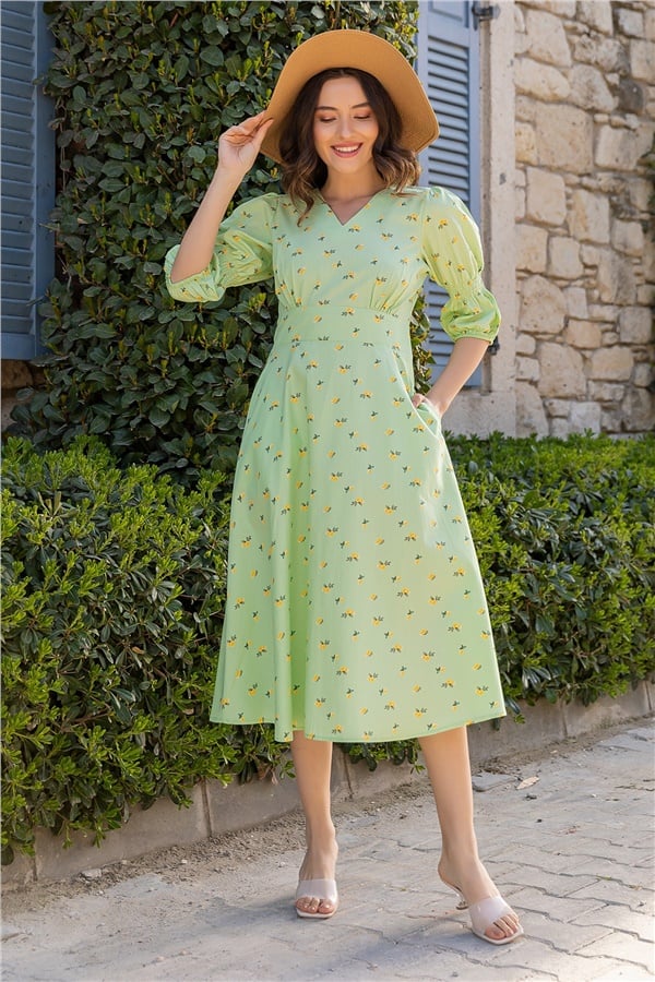 Limon Desen Poplin Elbise - Açık Yeşil