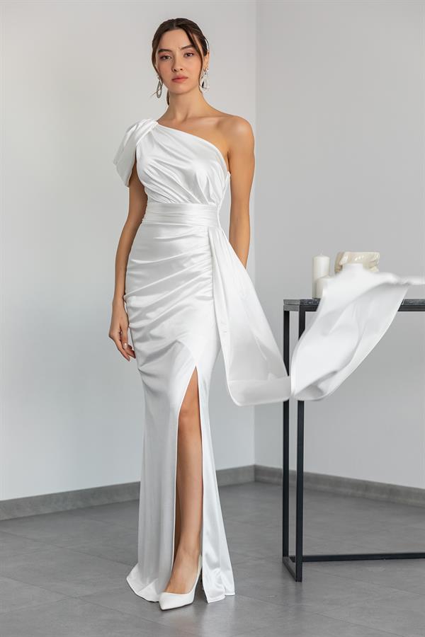Cute white long sleeve taffeta short prom dress white evening dress –  dresstby