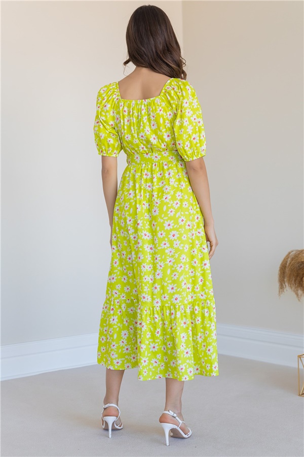 Papatya Desen Kemerli Elbise - Açık Yeşil