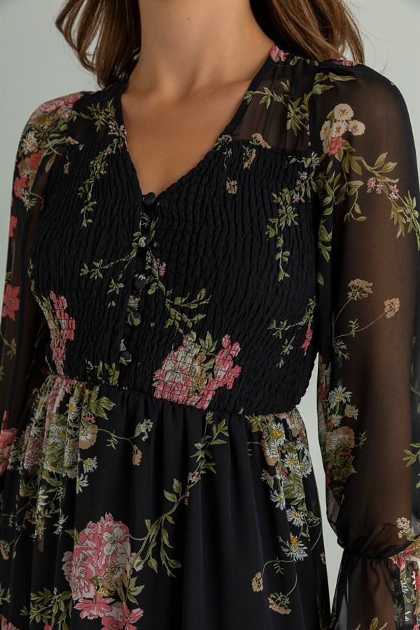 Çiçek Desen Gipeli Şifon Elbise - SİYAH