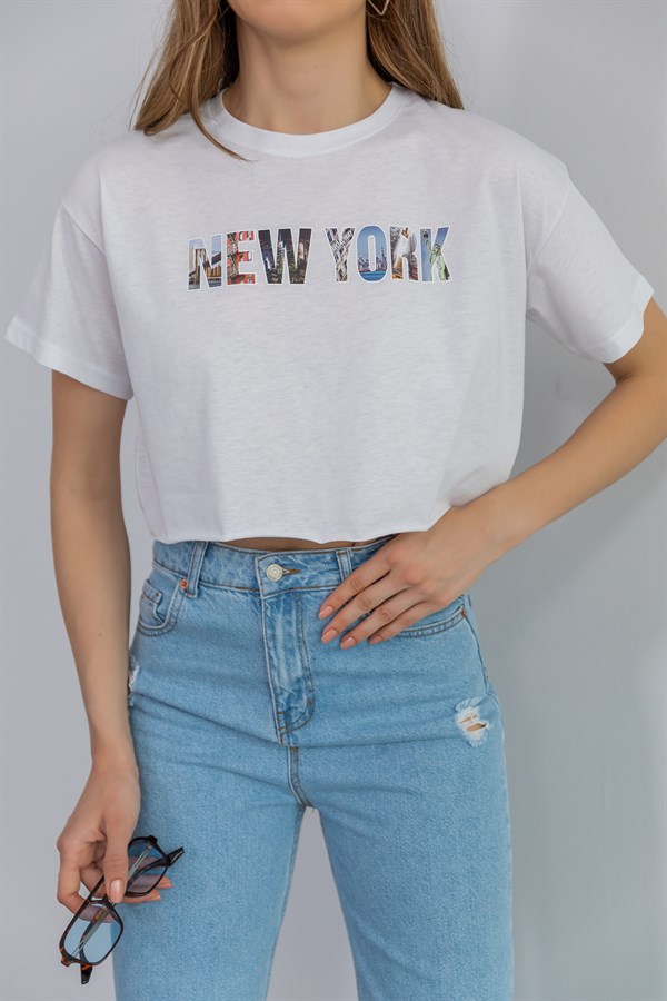Crop Yazılı T-Shirt - BEYAZ