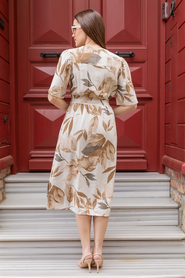 Düğmeli Yaprak Desenli Elbise - CAMEL