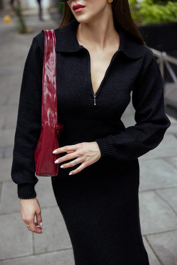 Zipper Detail Knit Dress - Black