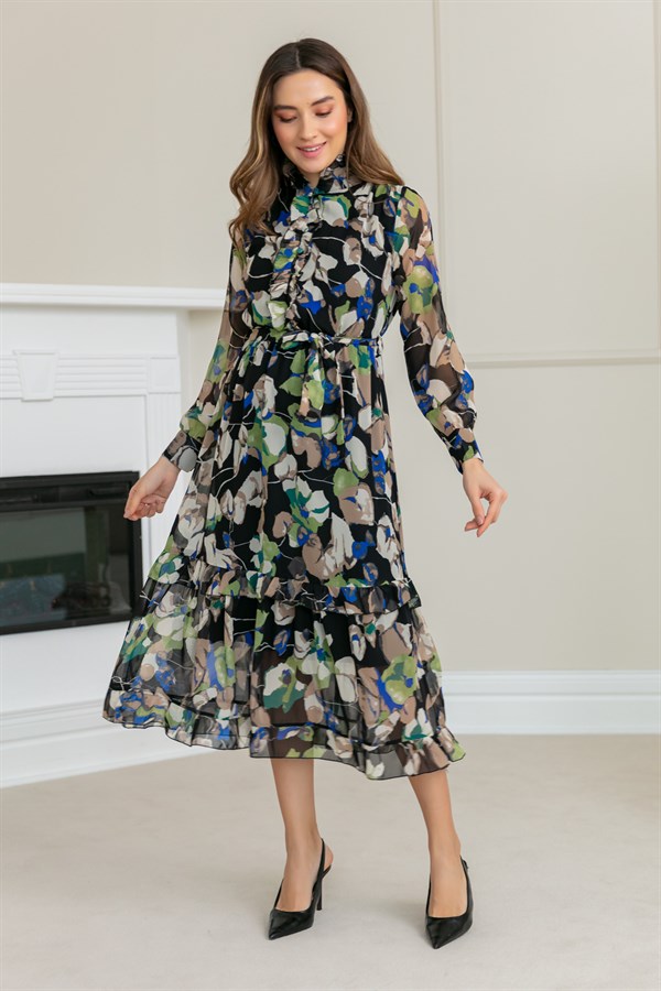 Floral Düğmeli Şifon Elbise - SİYAH