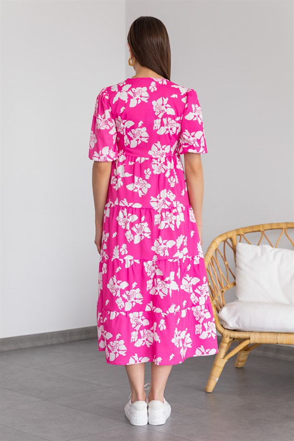 İri Çiçek Boydan Düğmeli Elbise - PEMBE