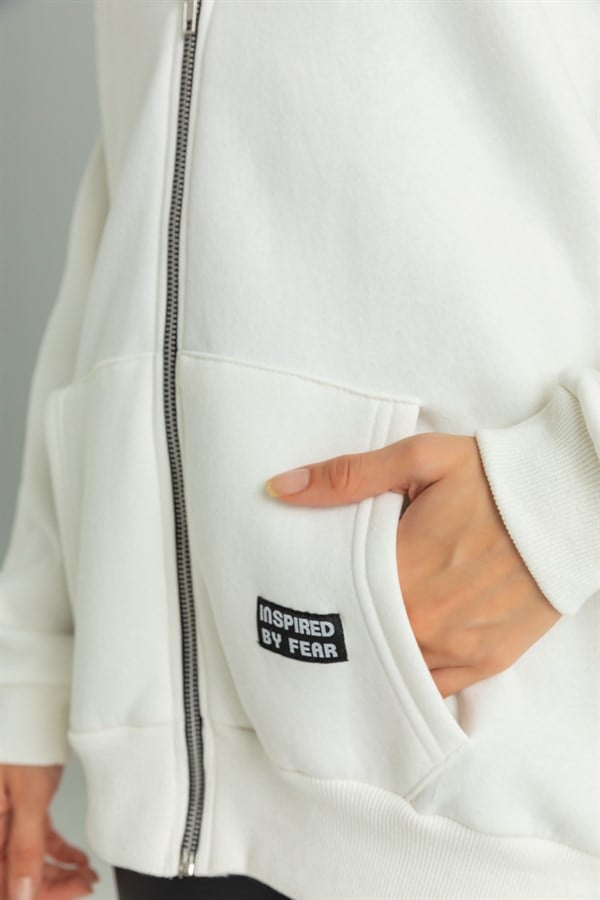 Kapüşonlu Fermuarlı Oversize Sweat - EKRU