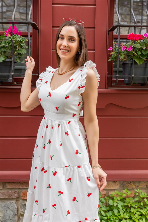 Kuşaklı Cherry Desen Elbise - BEYAZ
