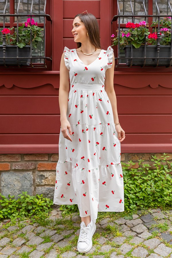 Kuşaklı Cherry Desen Elbise - BEYAZ
