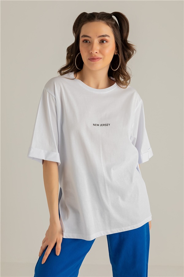 New Jersey Yazılı T-shirt - BEYAZ