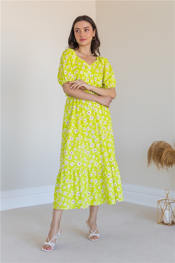 Papatya Desen Kemerli Elbise - Açık Yeşil