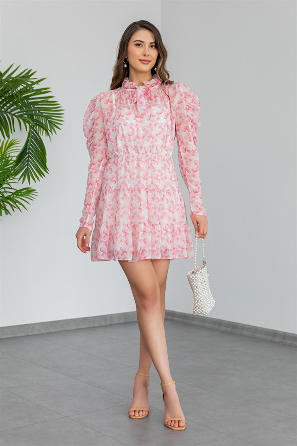 Şifon Çiçekli Mini Elbise - PEMBE