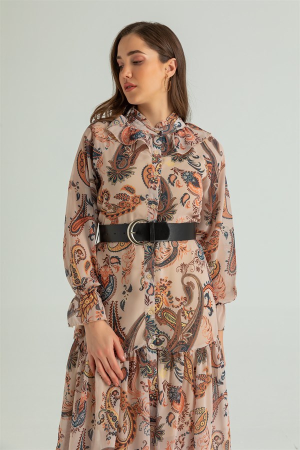 Yaka Detay Uzun Şifon Elbise - CAMEL