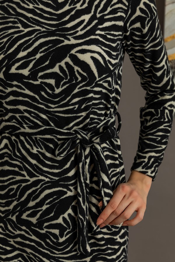 Zebra Desen Uzun Kollu Elbise - EKRU