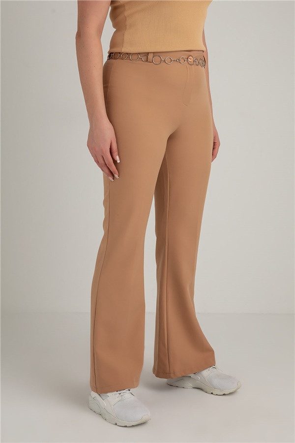 Zincir Kemerli Kumaş Pantolon-BB - BEJ