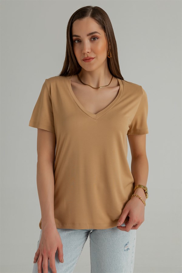 V Yaka Basic T-Shirt - CAMEL