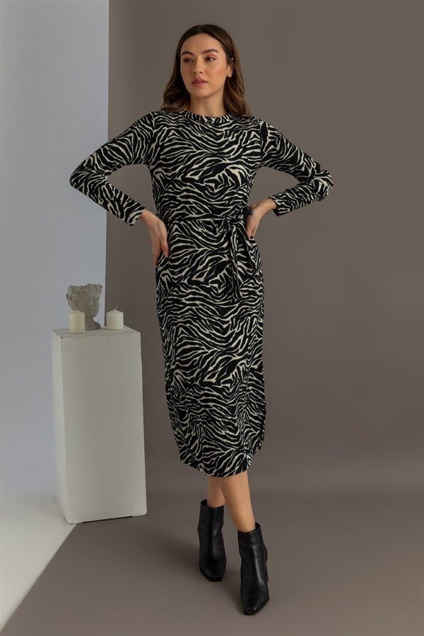 Zebra Desen Uzun Kollu Elbise - EKRU