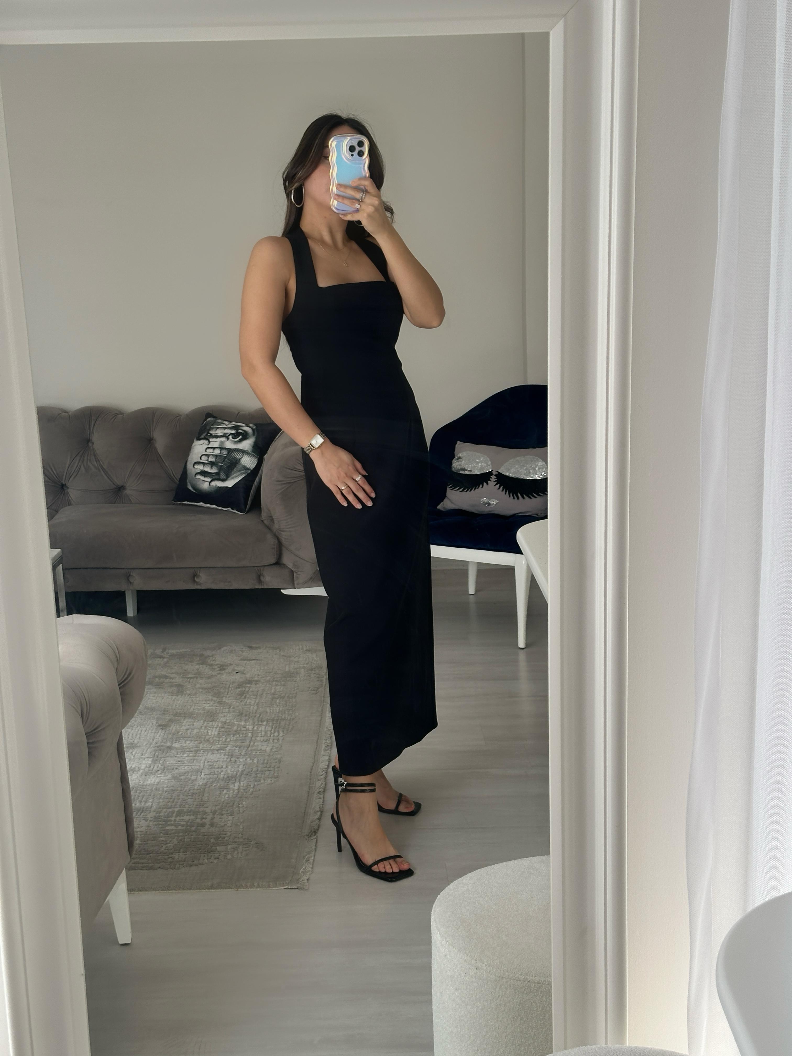 BOYUNDAN ASKILI MİDİ ELBİSE SİYAH