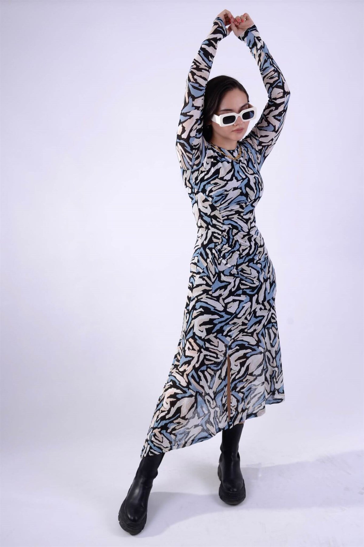 DESENLİ KARE YAKA ELBİSE