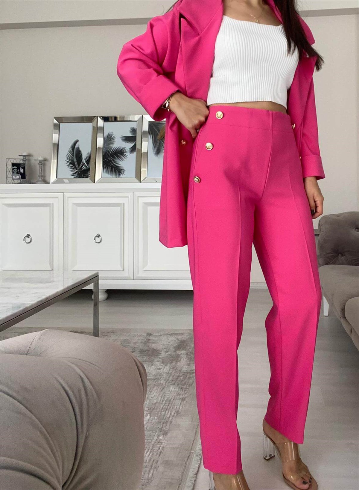 GOLD DÜĞMELİ PEMBE KUMAŞ PANTOLON