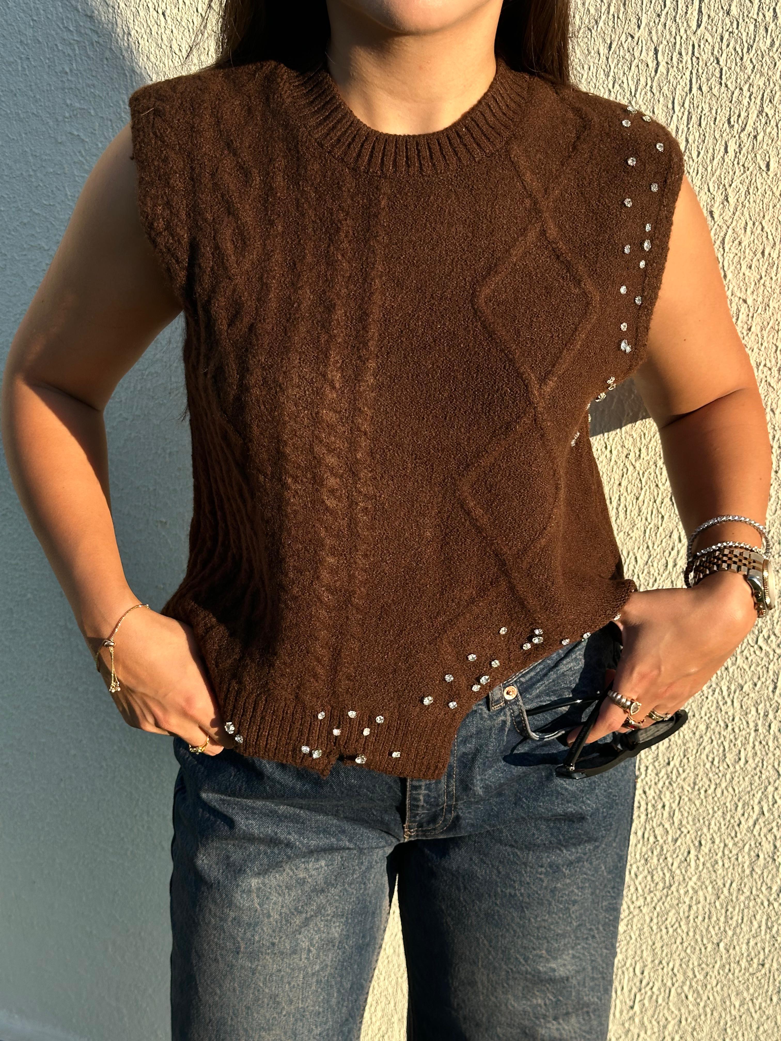 KAHVE TAŞ İŞLEMELİ SÜVETER