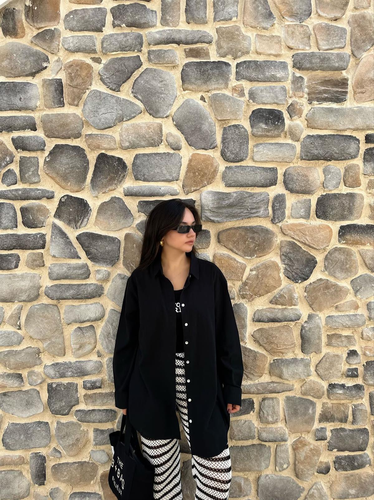 KETEN KARIŞIMLI SİYAH GÖMLEK