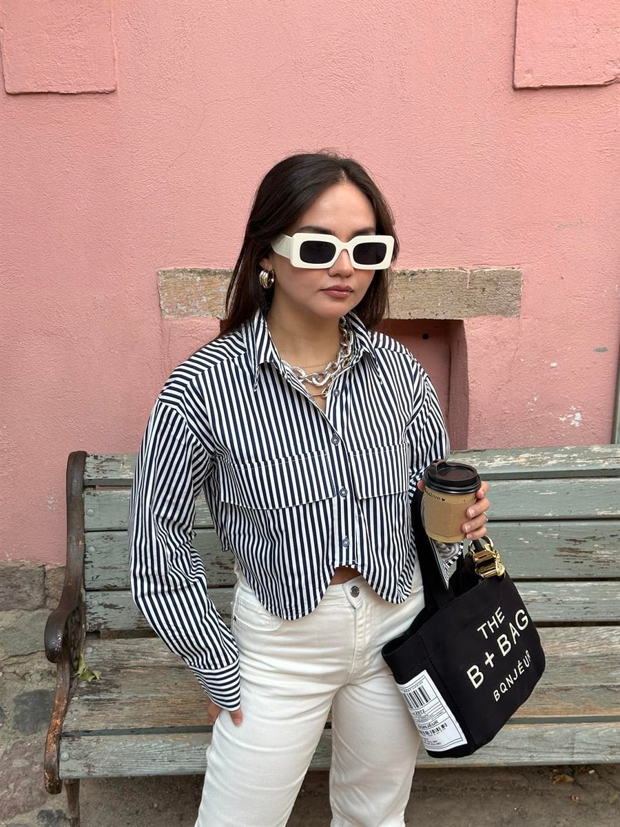 LACİVERT ÇİZGİLİ CROP GÖMLEK