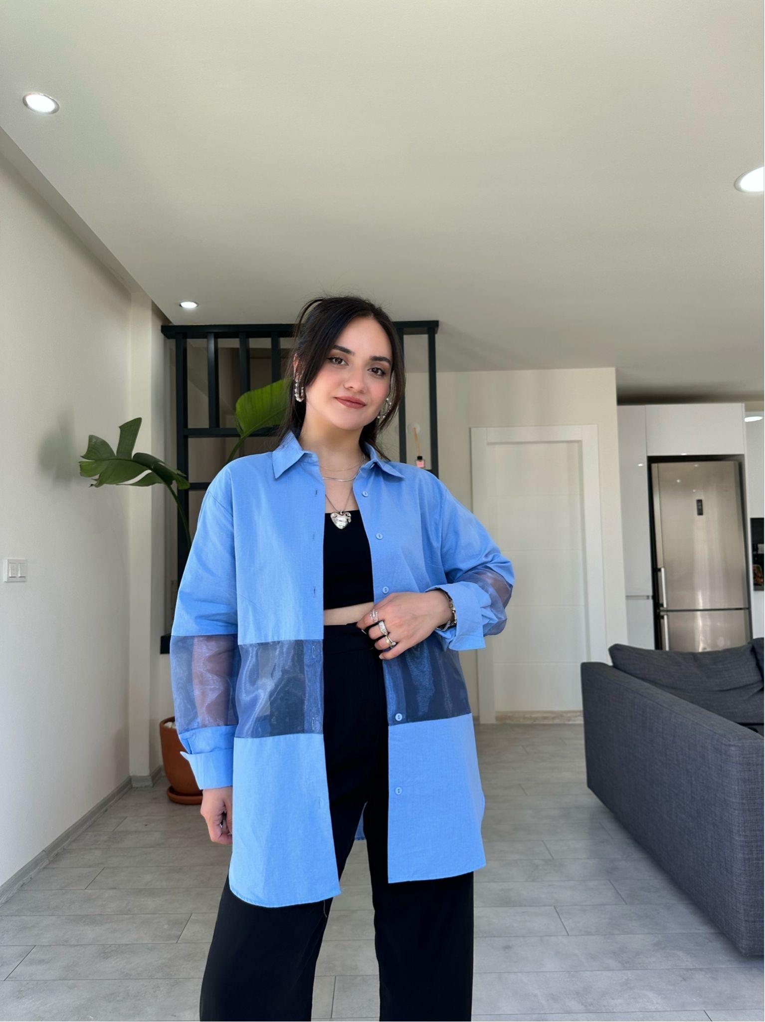 ORGANZE TÜL GÖMLEK MAVİ