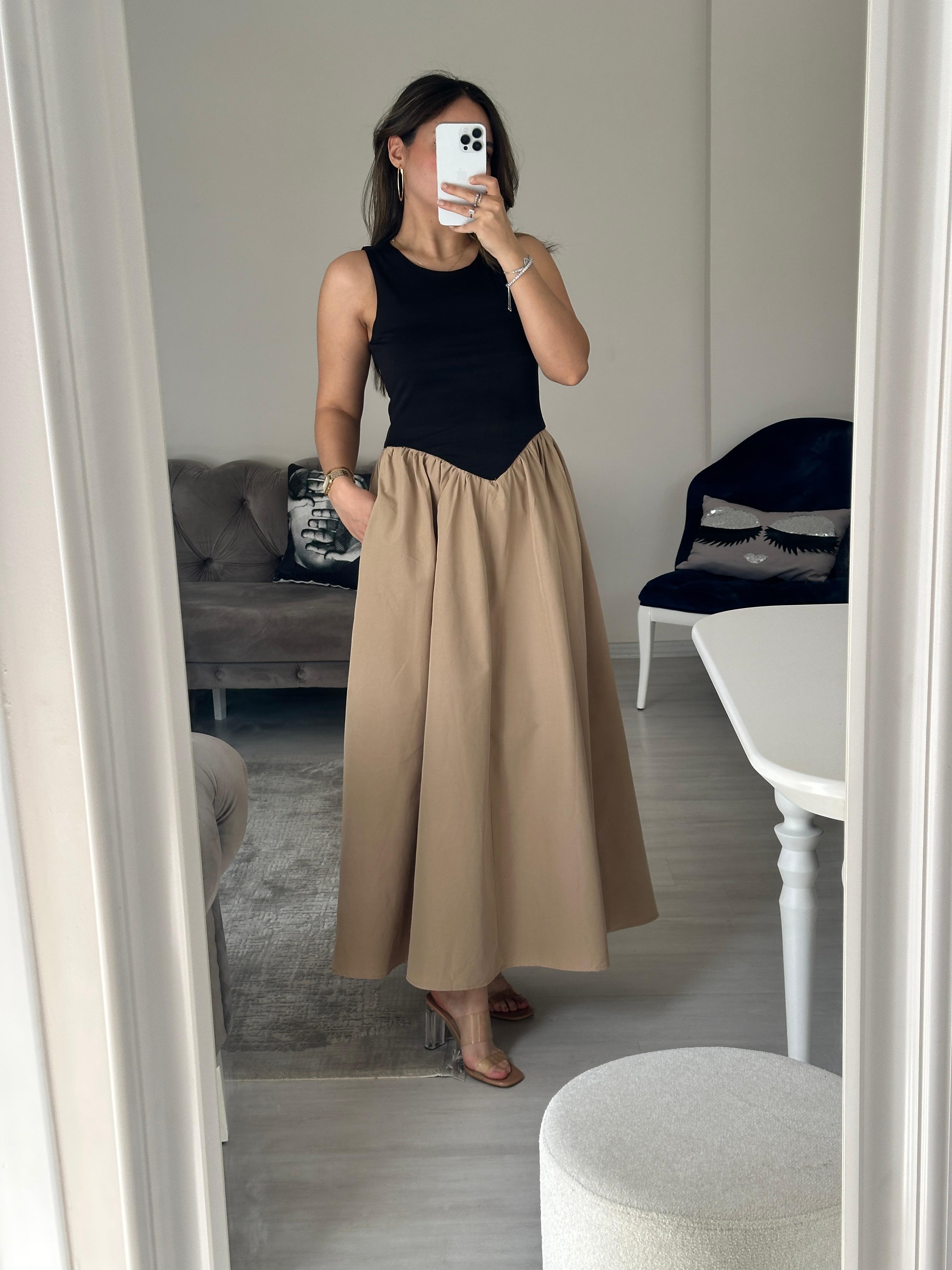 POPLİN ETEKLİ KONTRAST ELBİSE