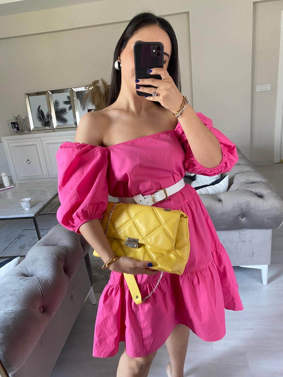 POPLİN KUMAŞ BALON KOL PEMBE ELBİSE