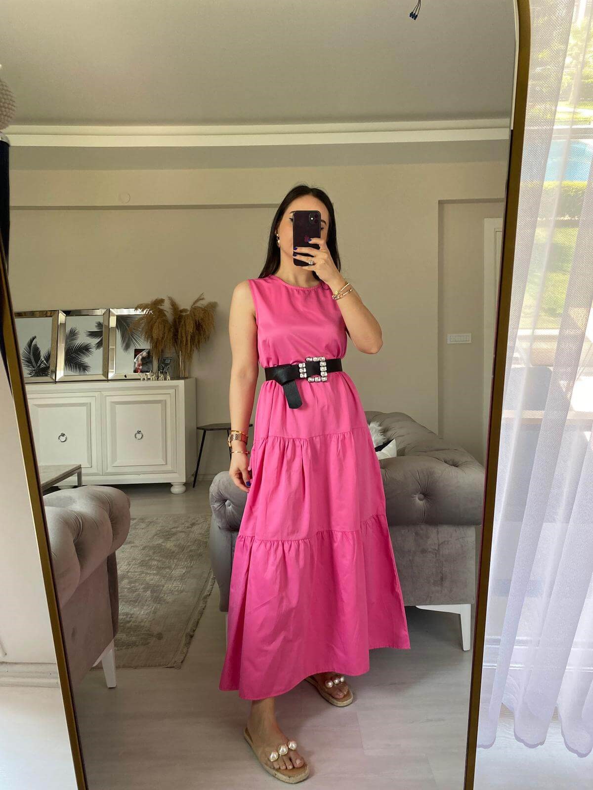 POPLİN KUMAŞ ELBİSE PEMBE