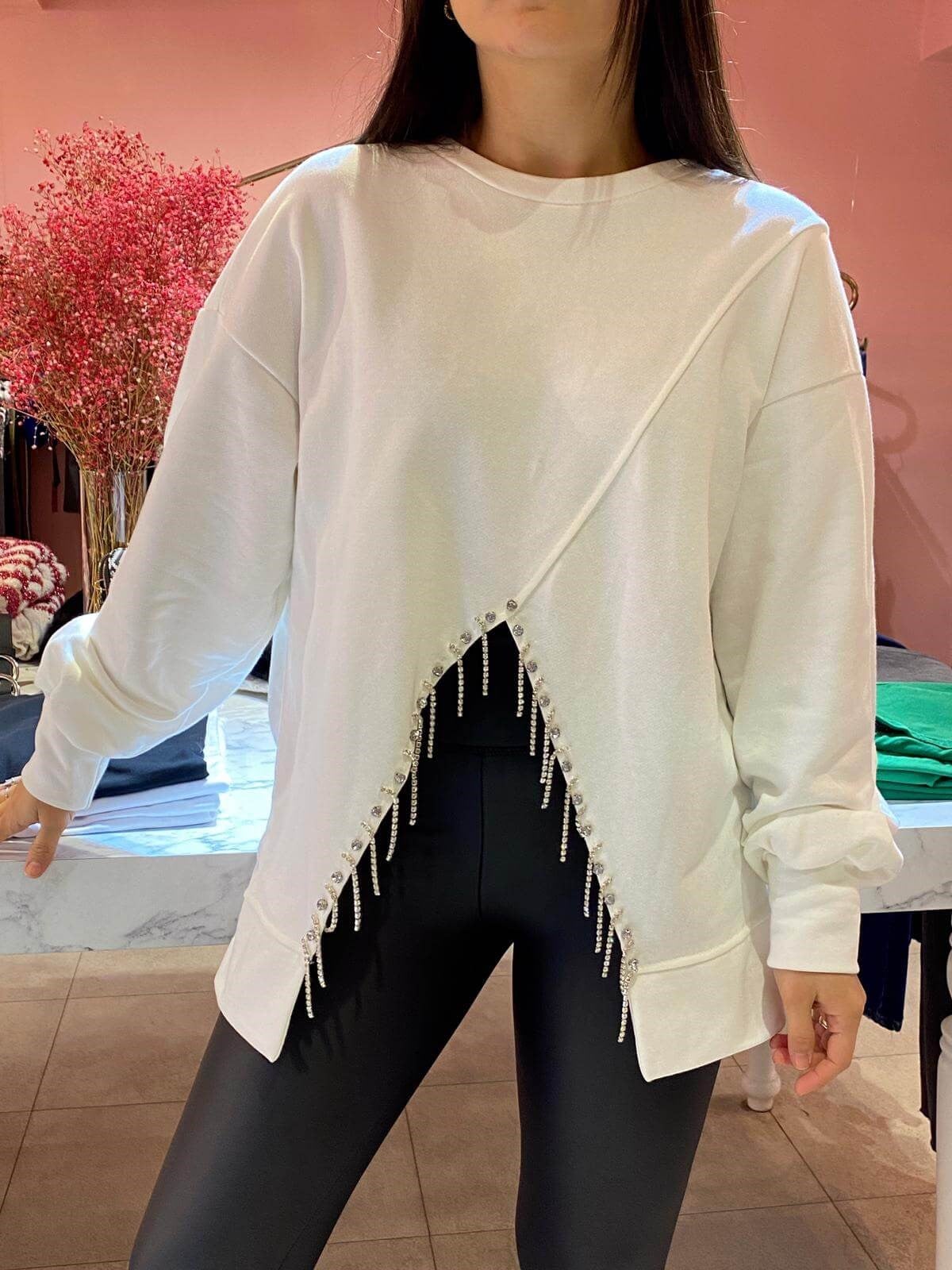 TAŞLI SWEATSHİRT BEYAZ