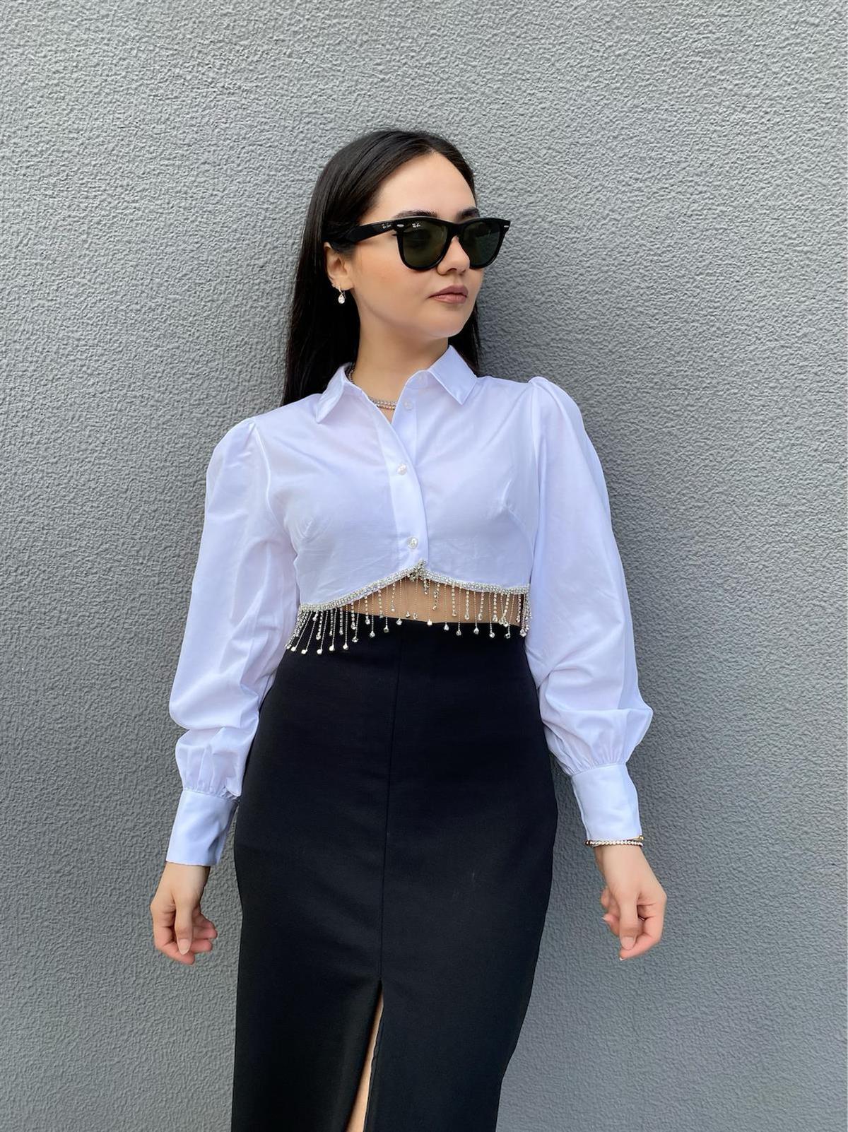 TAŞLI TASARIM CROP GÖMLEK