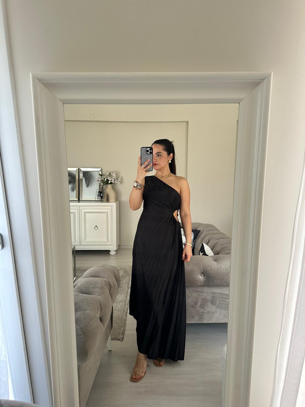 BEL DETAYLI ELBİSE SİYAH