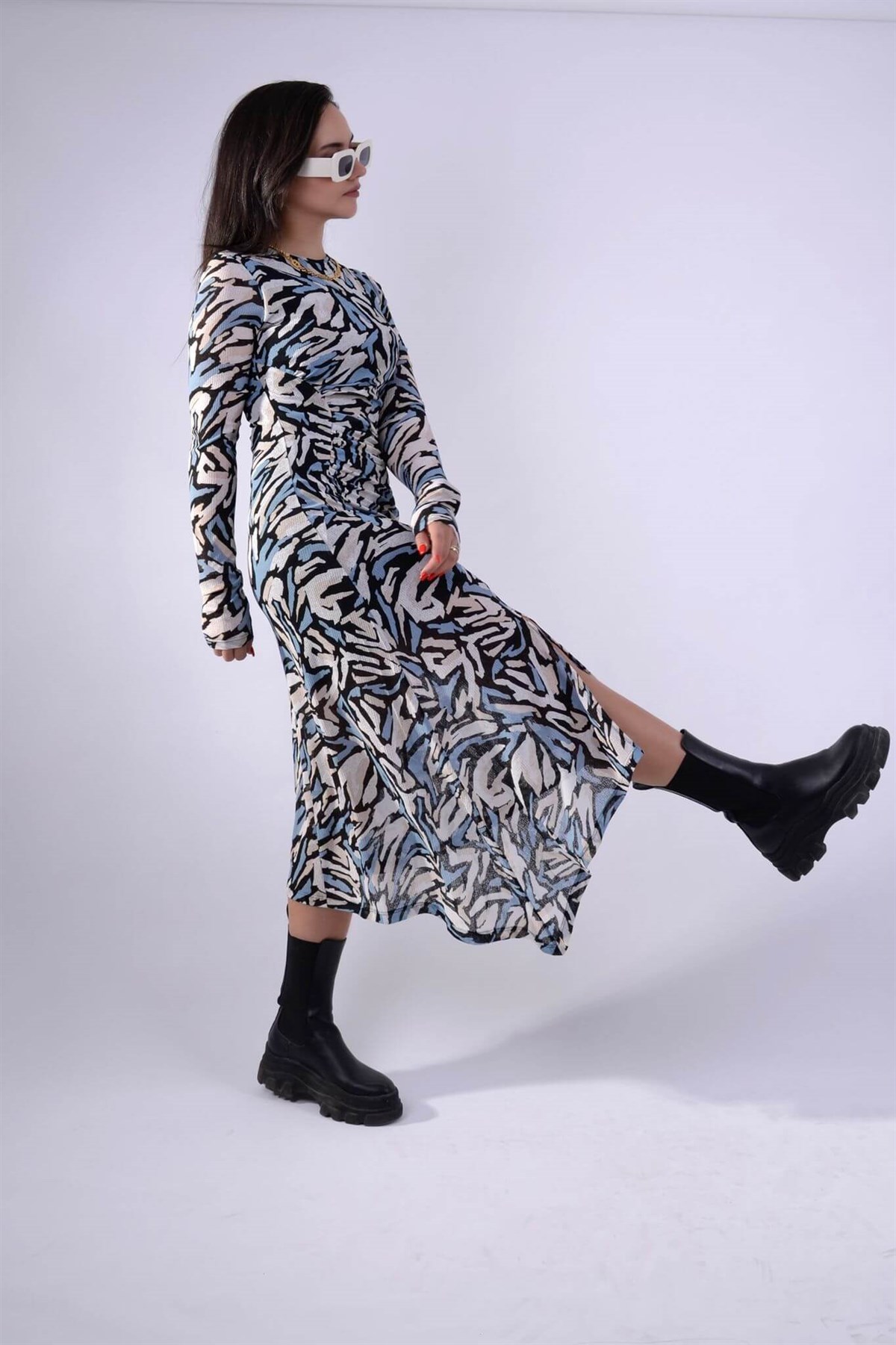 DESENLİ KARE YAKA ELBİSE