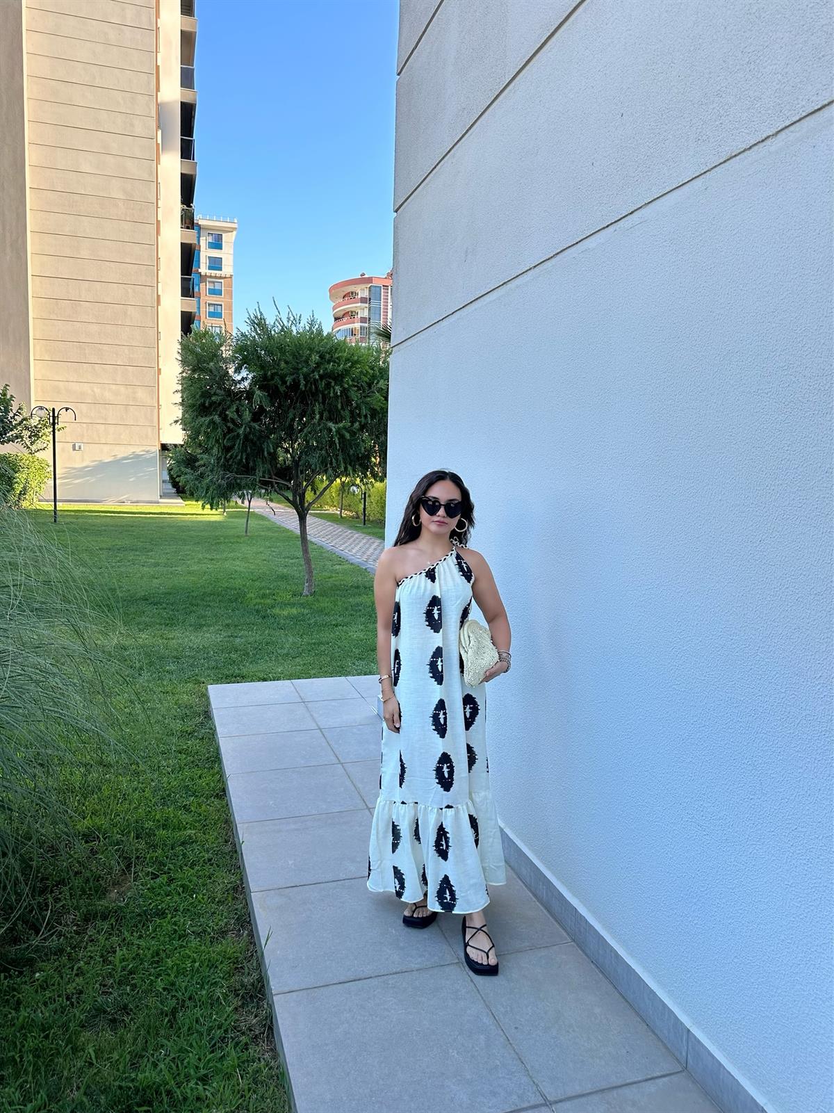 DESENLİ MİDİ PAMUKLU KETEN ELBİSE