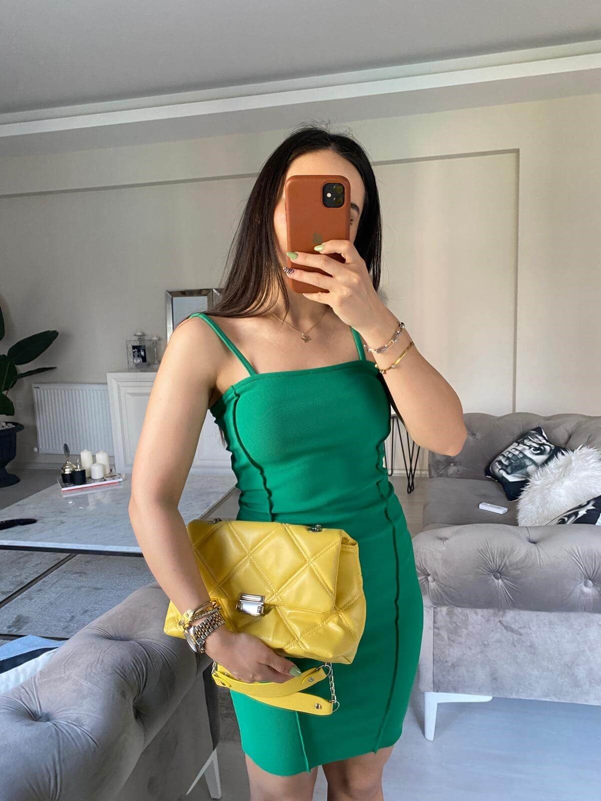 FİTİLLİ KUMAŞ ELBİSE YEŞİL