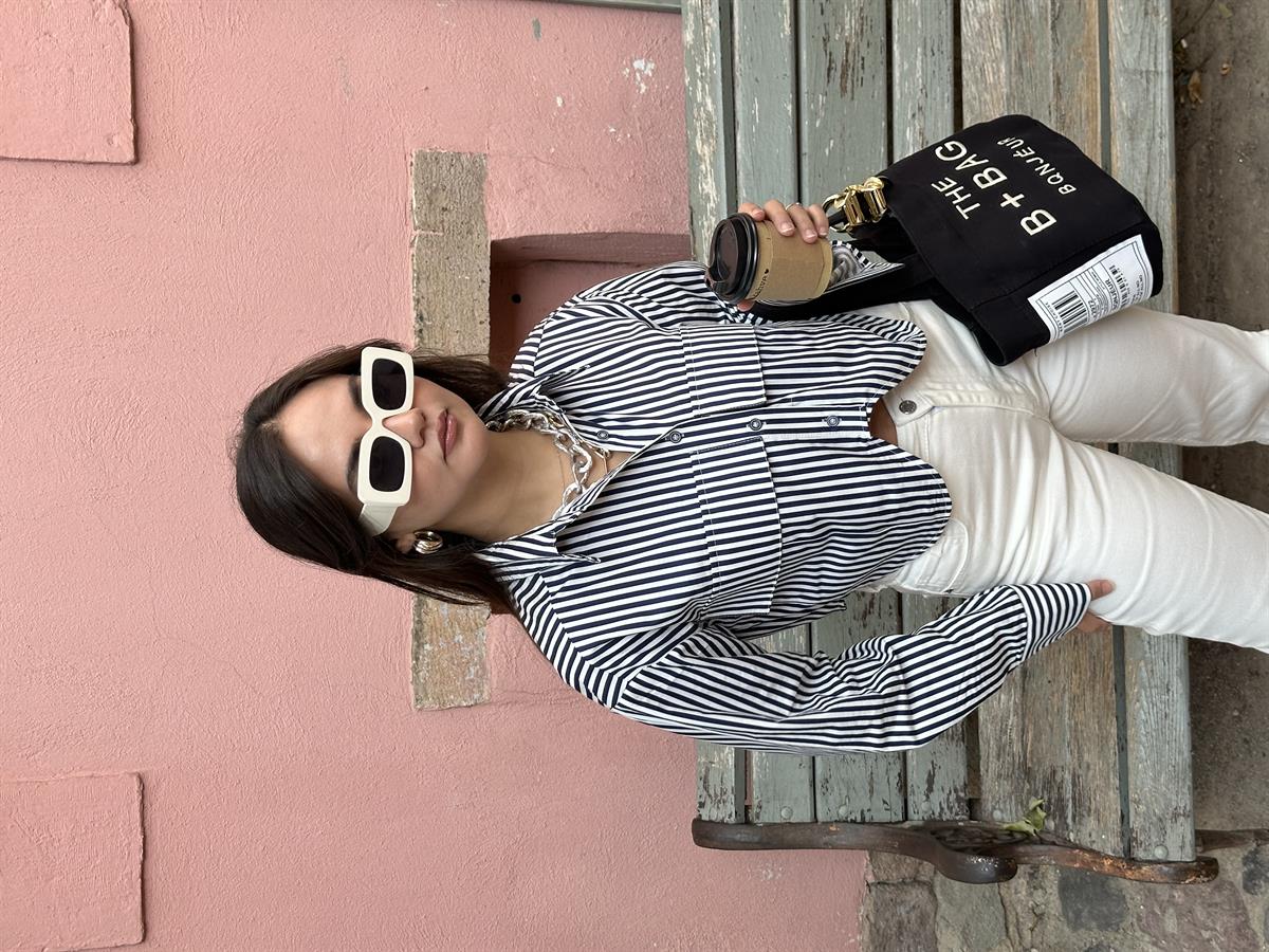 LACİVERT ÇİZGİLİ CROP GÖMLEK