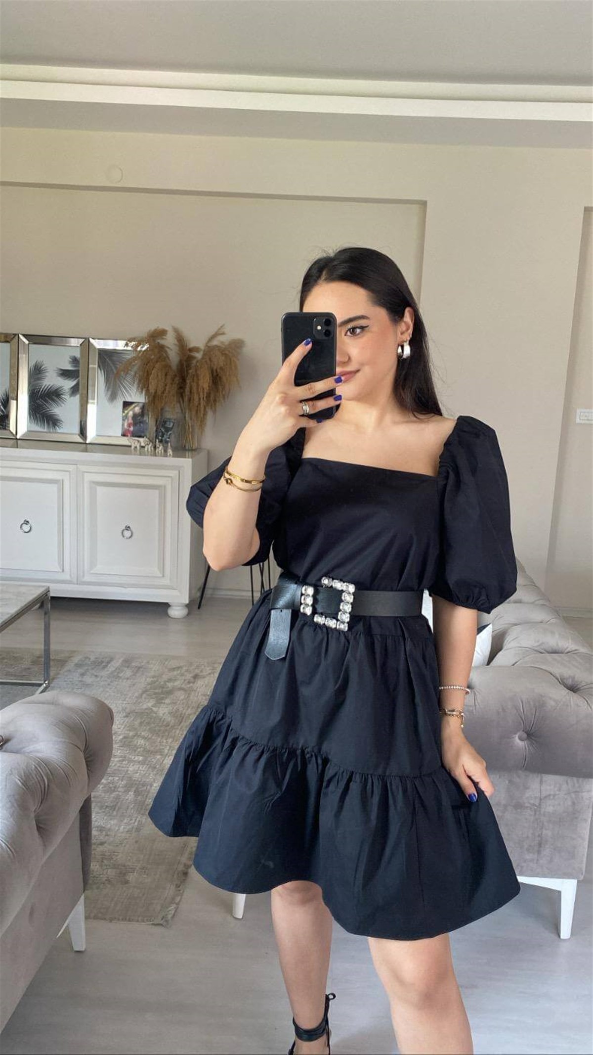 POPLİN KUMAŞ BALON KOL SİYAH ELBİSE